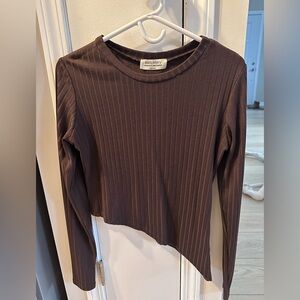 Brown Ribbed Asymmetrical Top